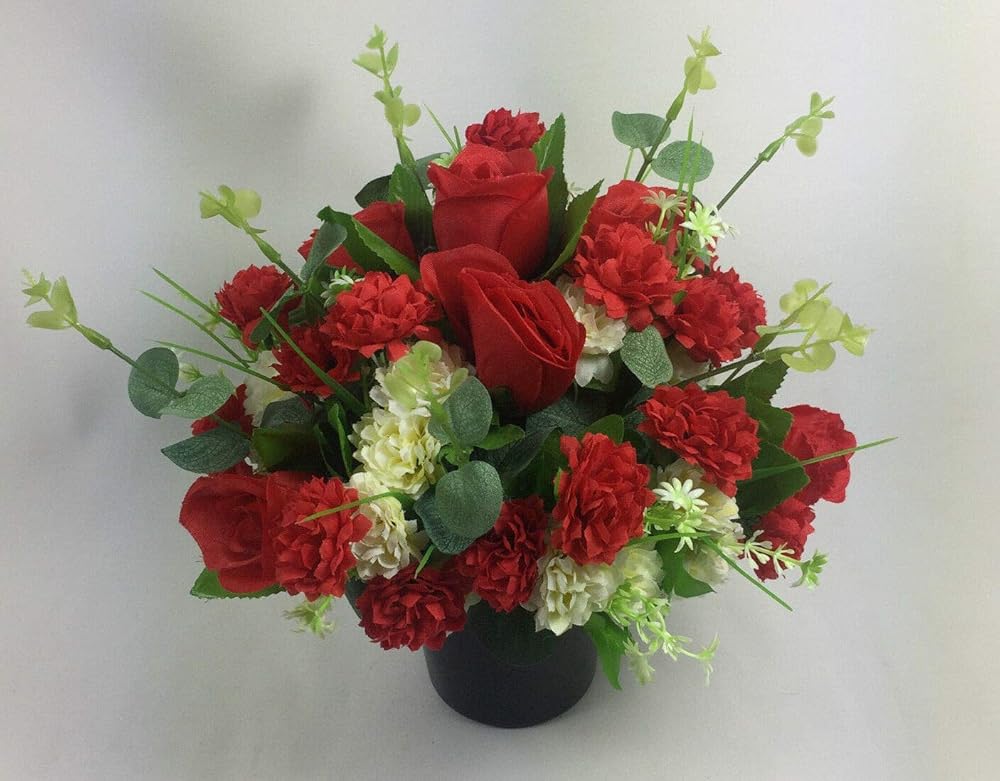 Artificial silk flowers memorial Crem Pot Grave arrangement RED 2325cm