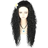 LeMarnia Princess Wig with Flower Accessories and Necklace Long Black Curly Wigs Halloween Cosplay Wig