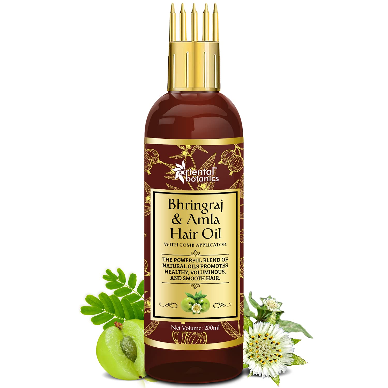 Oriental Botanics Bhringraj & Amla Hair Oil With Comb Applicator - Promotes Healthy, Voluminous & Smooth Hair, 200 ml