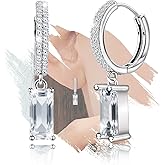 Sterling Silver Dangle Hoop Earrings - Sparkling Cubic Zirconia Hypoallergenic Square Loop Earrings Fashion Gifts for Her Mom Wife