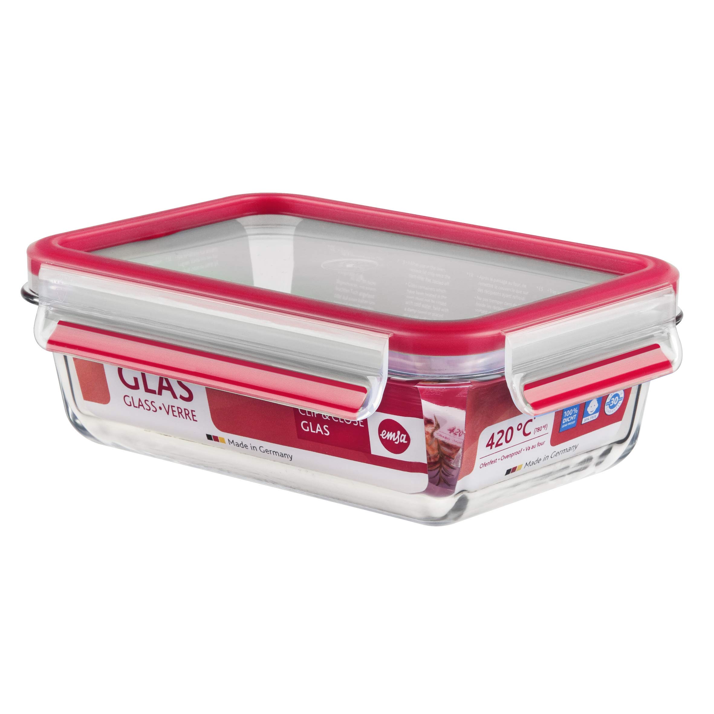 Emsa 0.7 Litre Clip & Close Rectangular Fresh Holding Box, Glass, Transparent/Red, 35 x 25 x 10 cm