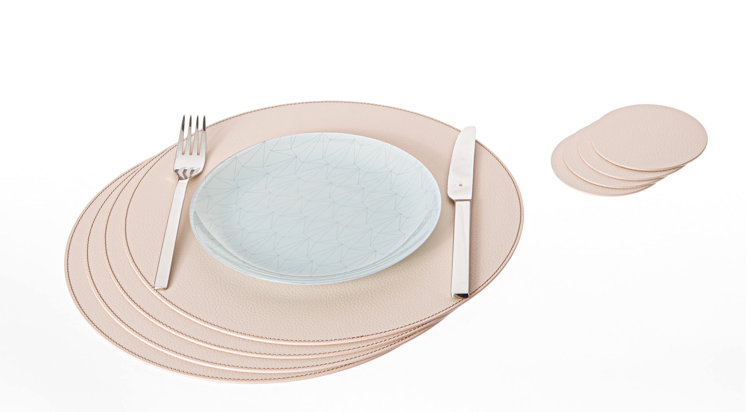 Nikalaz Set of Round Placemats and Coasters, 4 Table Mats and 4 Coasters, 33 cm Diameter Place Mat and 10 cm Coaster, Recycled Natural Leather, Dining Table Décor (Creamy White)