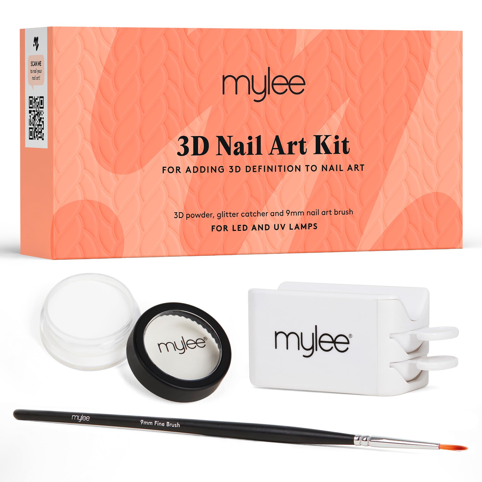 Mylee 3D Nail Art Kit - Create Professional Manicures at Home, Set Includes Clear 3D Powder Pot, Powder Catcher, 9mm Fine Painting Liner Brush for Detailing, Quick & Easy 3D Nail Art