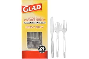Glad Crystal Clear Assorted Plastic Cutlery Forks, 24 Count | Clear And Heavy Duty Plastic Silverware | 8 Forks, 8 Knives, 8 Spoons | Glad Disposable Tabletop