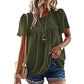 Poetsky Womens Summer Boho Tops Crewneck Short Sleeve Babydoll Shirts Casual Chiffon Work Blouses