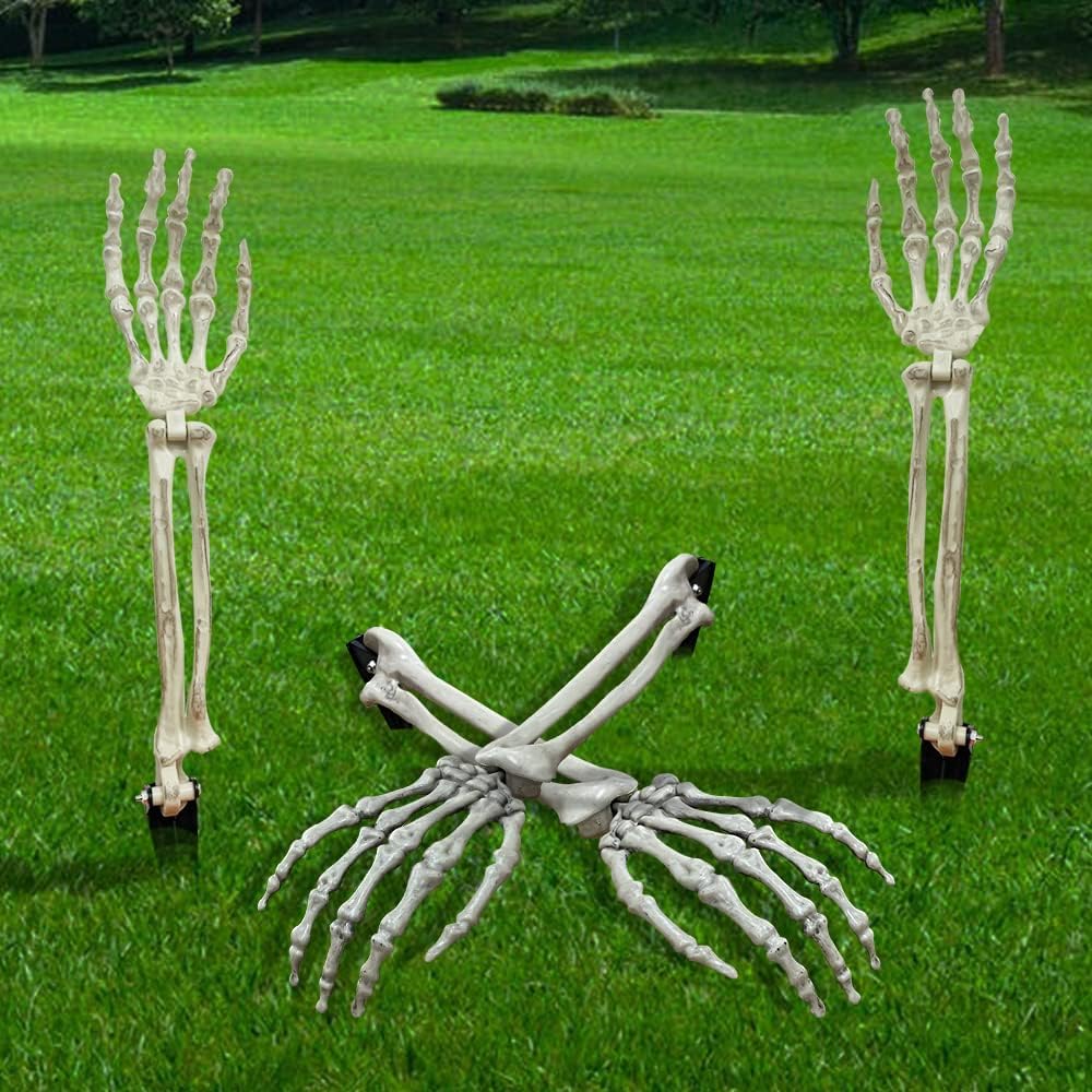 Decorative Garden Stakes - Wocst Realistic Looking Skeleton Stakes Severed Plastic Skeleton Hands Yard Signs for Halloween Props Decorations (2Pair) Gray