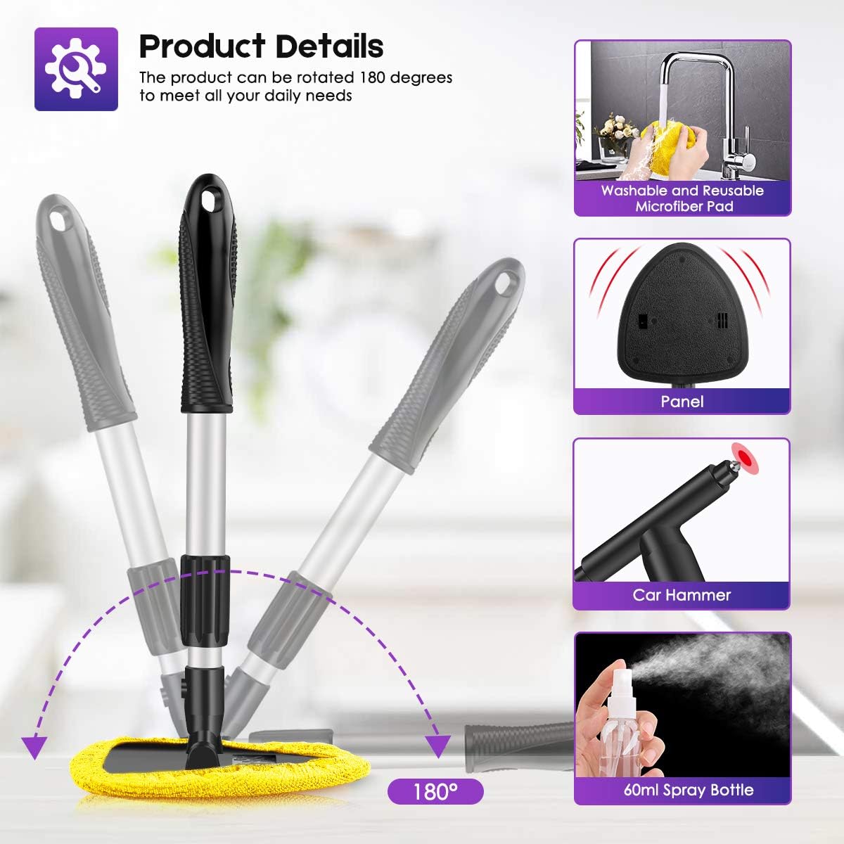 AstroAI Car Window Cleaner, 4 Reusable and Washable Microfiber Pads, Windshield Cleaning Wand Tool with Telescopic and Extendable Handle Auto Inside Glass Wiper Kit, Yellow: Automotive