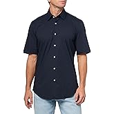 BOSS, Stretch Poplin Short Sleeve Button Down Shirt, Premium Navy, 15.5