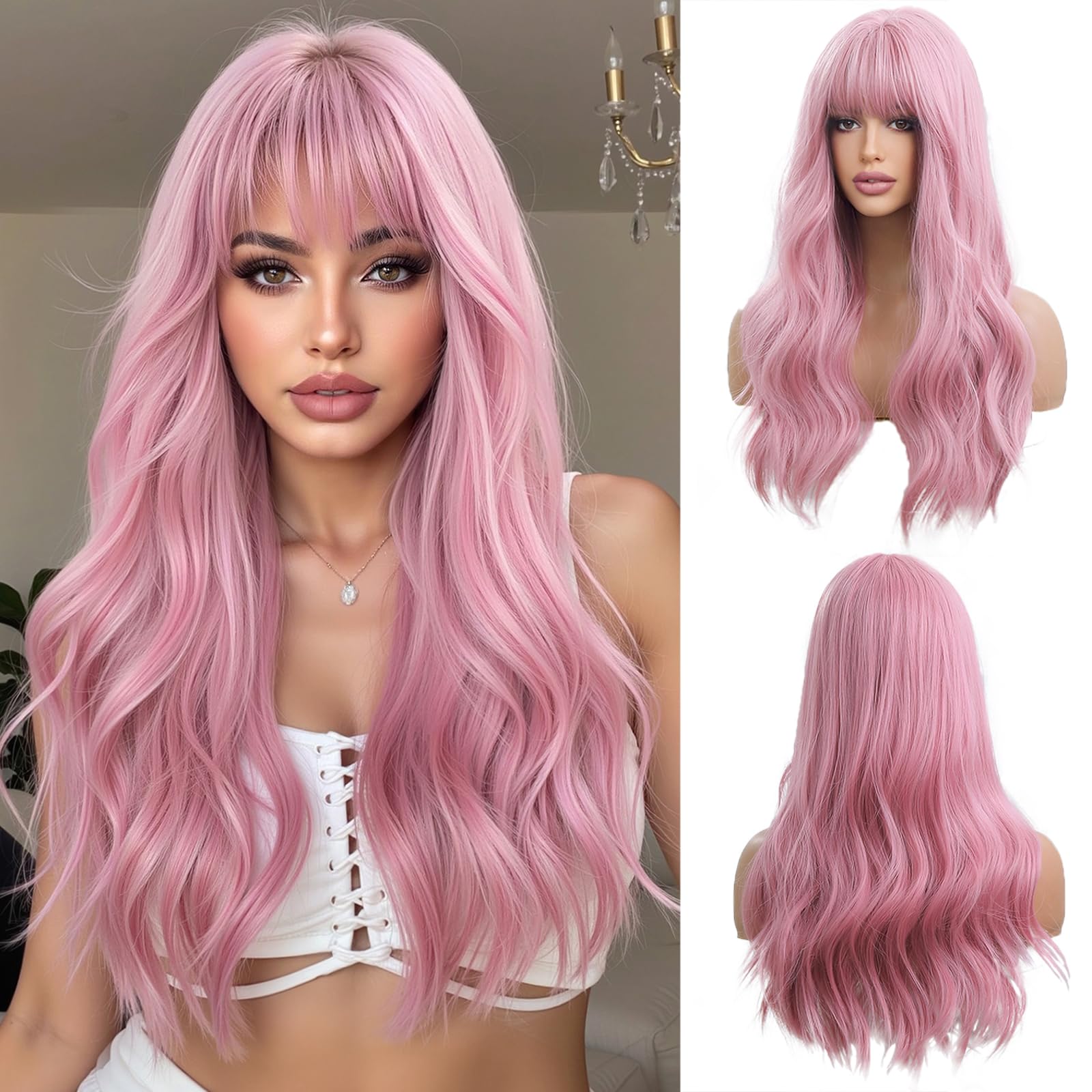 OUFEI 24 Inches Long Wavy Pink Wig for Women Natural Synthetic Hair Heat Resistant Wigs for Daily Party Cosplay Wear — image 1