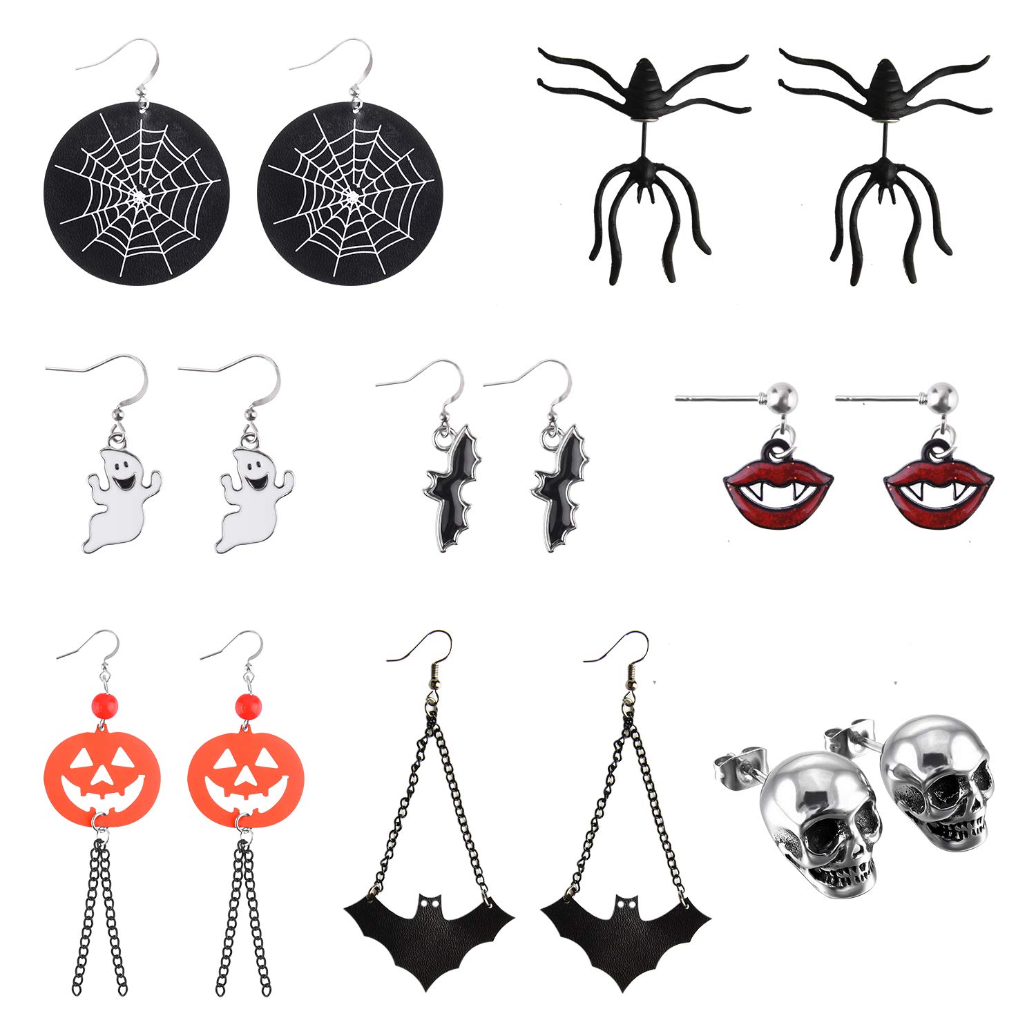 FEPITO 8 Pairs Halloween Earrings - Pumpkin, Bat, Spider, Ghost, Skeleton Ear Stud Jewelry Set for Party Decorations and Costumes - Women, Girls