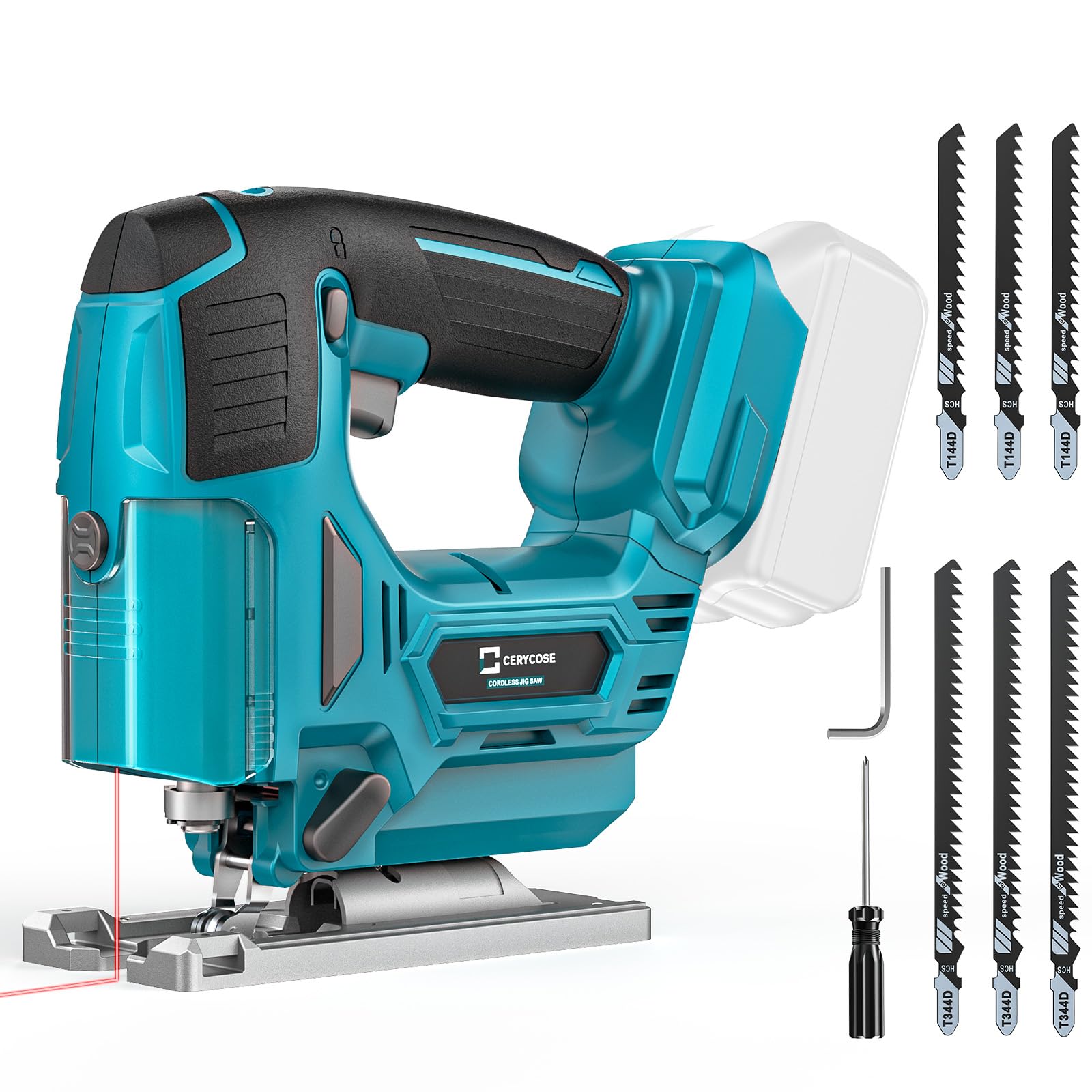 Photo 1 of Cerycose Jig Saw Compatible with Makita 18V Battery, Laser Guide Cordless Jigsaw Tool, 3000RPM Variable Speed, 45° Bevel Angle Cut, LED Light, 3 Orbital Sets, 6PCS Blades (No Battery)