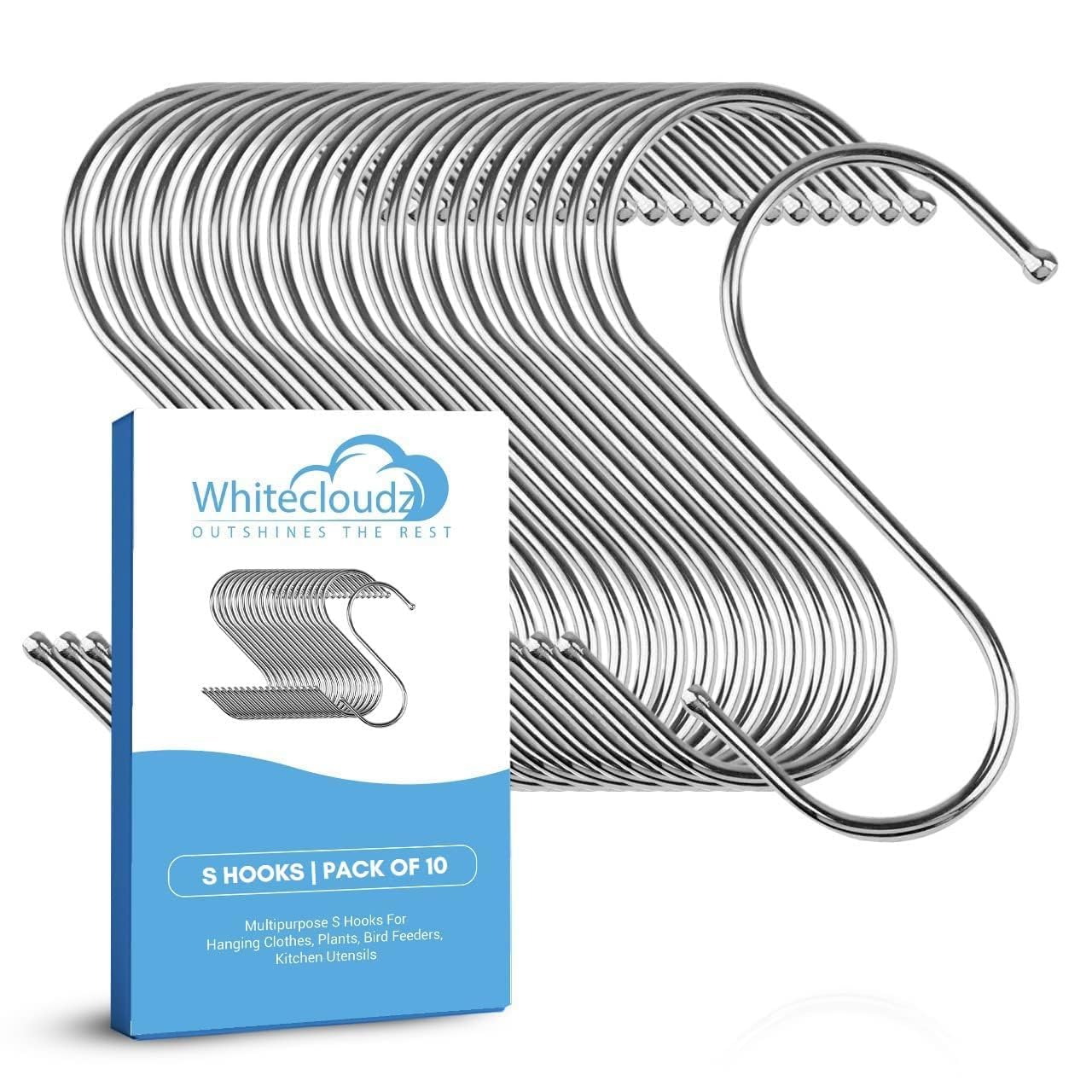 WHITECLOUDZ 10Pack Silver Heavy Duty S Hooks for Hanging, Durable Wall Hangings Hooks, Stainless Steel Hooks for Hanging Clothes, Kitchen Hooks for Utensils, Ceiling Hooks for hangings Plants,(8.4cm)