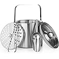 Ice Bucket with Lid, Ice Tongs, Spoon, and Strainer - Double Walled Insulated Stainless Steel to Keep Ice Frozen Longer - Perfect for Parties, Cocktail Bar, Chilling Wine, Champagne - Size 3 Liter
