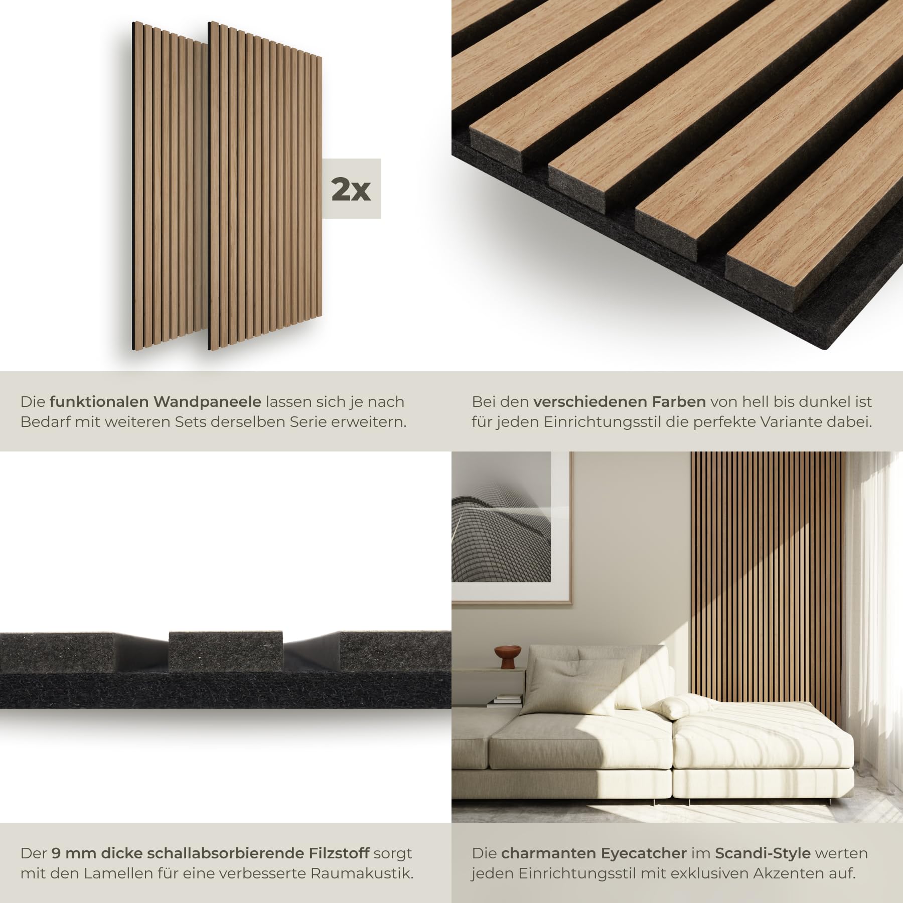 tectake® Akustikpaneele Echtholzfurnier 2er Set, Schallschutz, MDF Schallabsorber für Wand, Schalldämmung, Schallschutzplatten, Schalldämmplatten, Raumakustik, Geräuschdämmung, Wandpaneele - Eiche 4