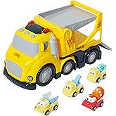 Construction Car Carrier Toys Set for 3 4 5 6 Years Old Toddlers Boys & Girls Gift, 4 Small Cartoon Cute Cars Trucks Crane Mixer Excavator Dump, Sound and Light Big Truck with Slide, 7.6*3.5*4.1 INCH