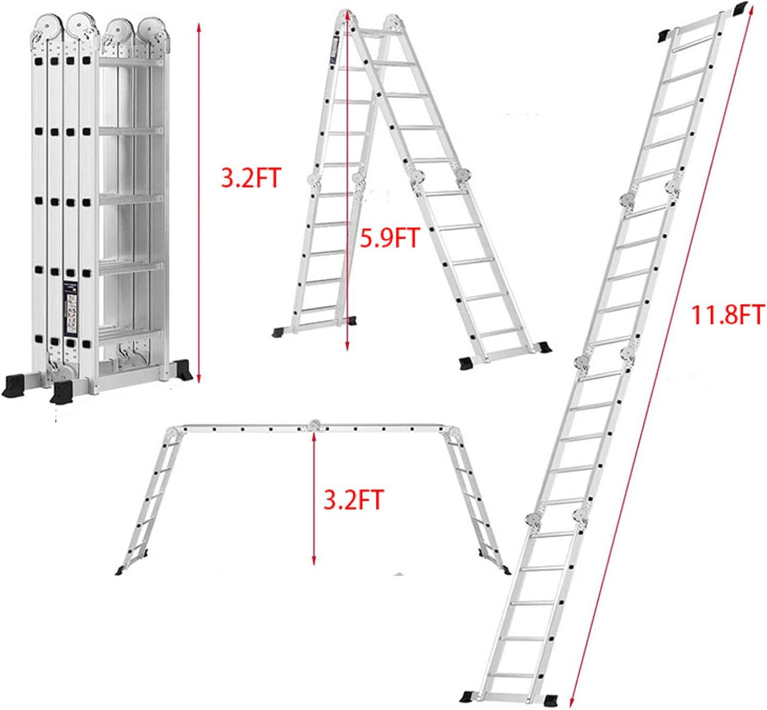 netuera Extension Ladder Folding Step Ladder Aluminum Multi - Use Heavy Duty Step Ladder Staircase Ladder Wall Ladder Scaffold Ladder 11.8FT/3.6M with Safety Locks, 330 LBS Capacity, Non-Slip Mats - - 
