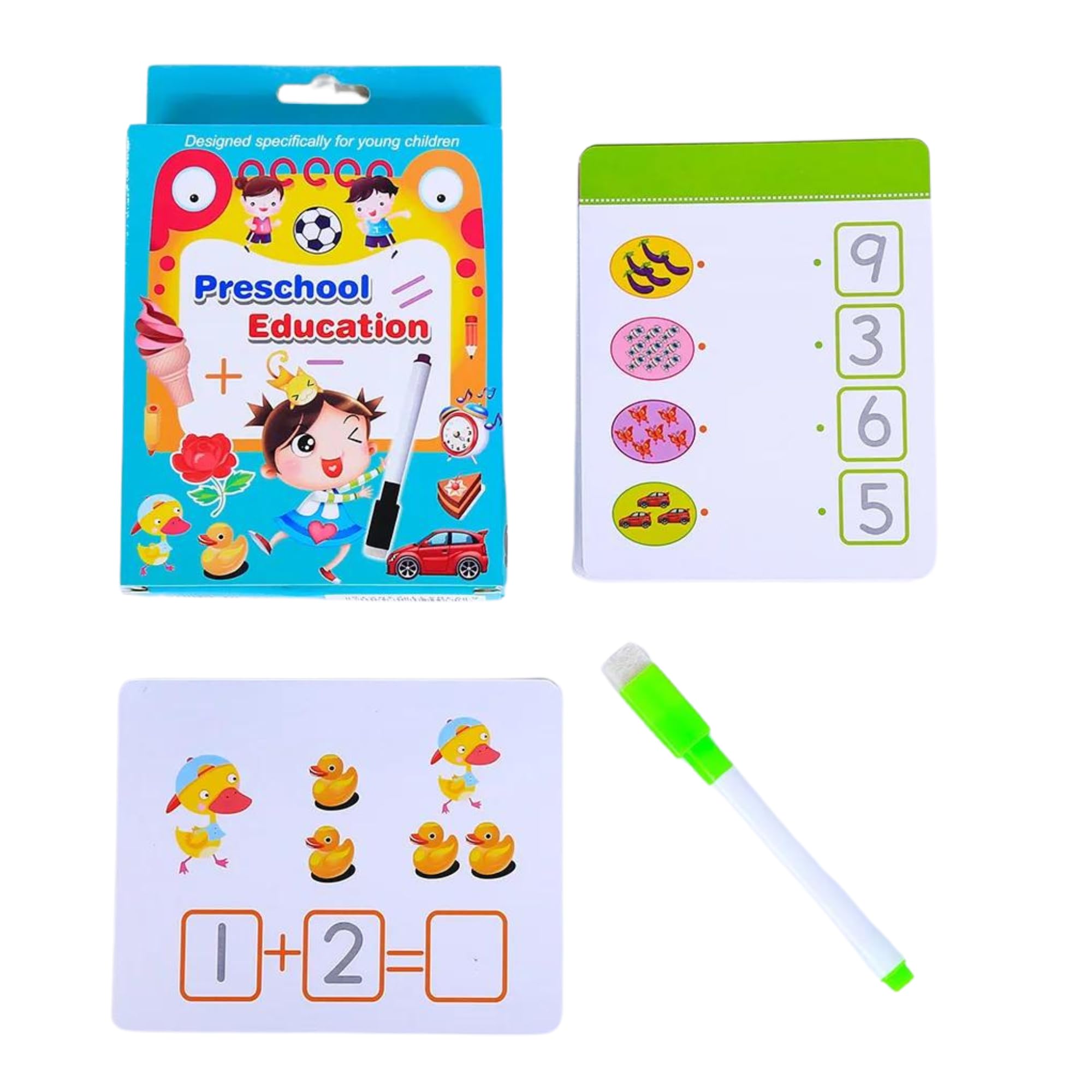 Educational Cards for Learning to Read and Write, Numbers or Add and Subtract. Flashcards Montessori Educational Games. Children's Education from 4 Years. Includes Marker Pen with Eraser.