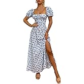 Women's Summer Puff Sleeve Floral Split Maxi Dress Flowy A Line Casual Beach Long Dresses 2025