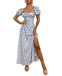 Women's Summer Puff Sleeve Floral Print Split Maxi
