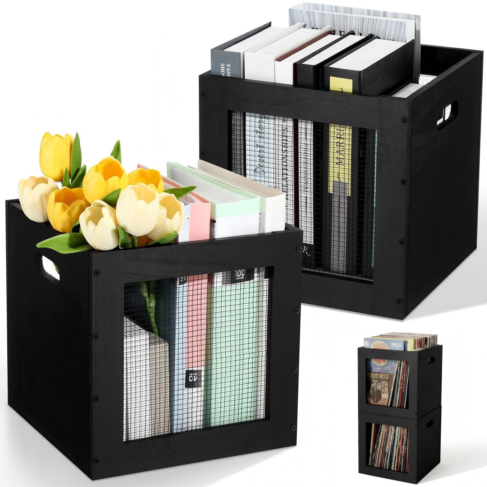 Photo 1 of 2 Pack Stackable Wood Storage Bins with Metal Wire and Handles 11 x 11 x 11 Inch, 22l Cube Vinyl Record Holder Wooden Storage Crate Basket for Shelve Fruit Vegetable Pantry Toy(Paint Black)