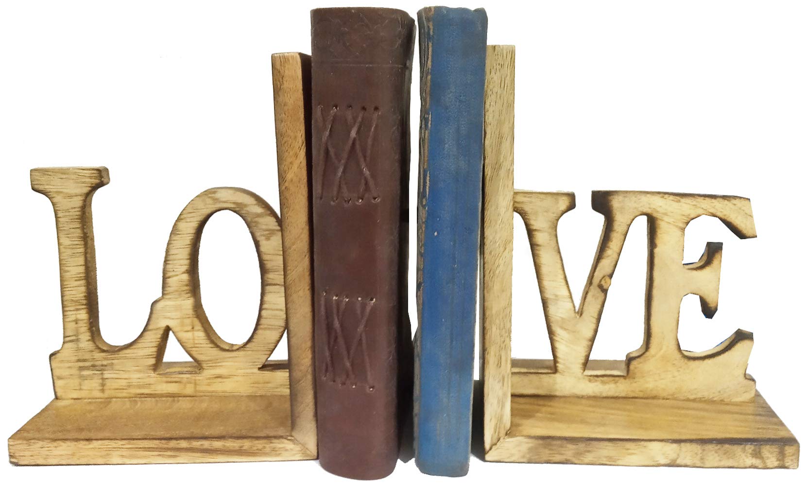 Purpledip Wooden Bookends 'Love': Unique Decor Bookshelf Organizer Books Stand Holder (12132)