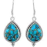 Natural Blue Green Spiny Oyster Copper Turquoise Dangle Earrings Sterling Silver Plated for Women - Stabilized Copper Infused Turquoise Drop Handmade Earrings - Gifts For Her