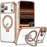 AmoraAqua Compatible with iPhone 17 Pro Case with 360° Spin Magnetic Ring Stand [Compatible with Mag-Safe] Full Camera Lens Protector Plating Clear Phone Case for iPhone 17 Pro 6.3", Desert Gold