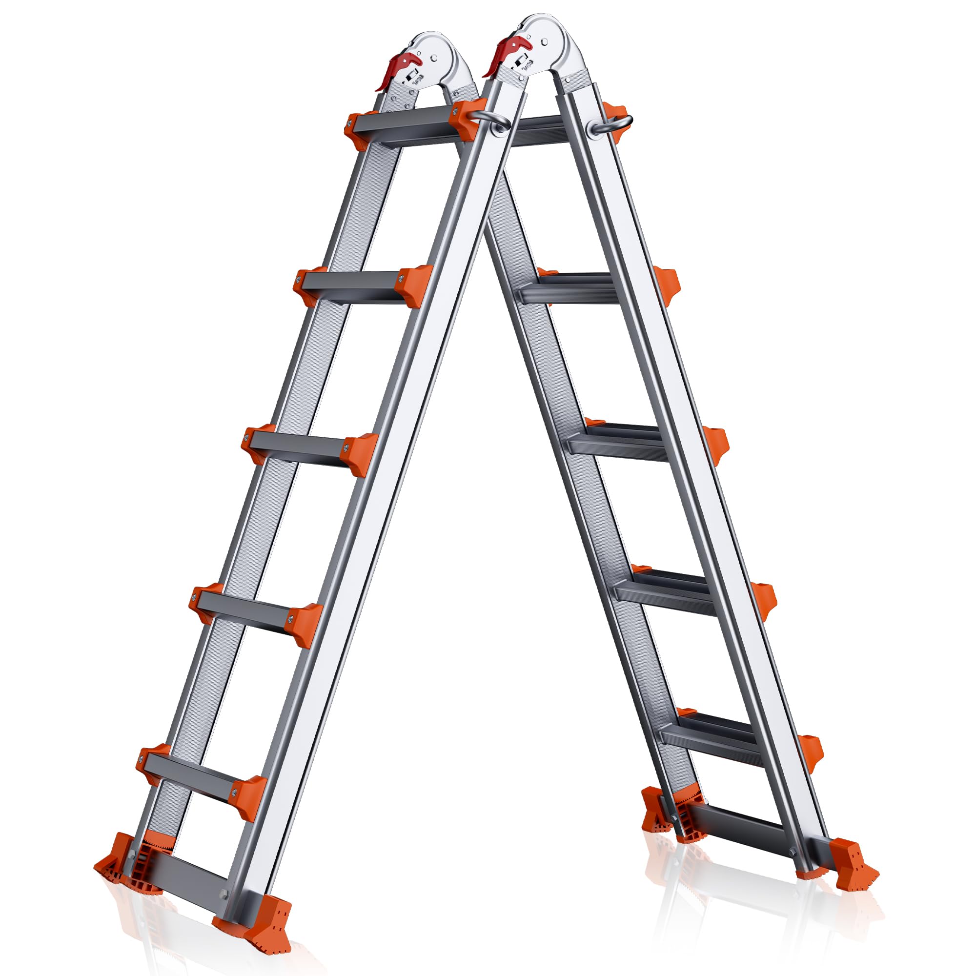Photo 1 of 17FT Telescoping A-Frame Ladder with Stabilizer Bar, 5-Step Aluminum Folding Extension Ladder, Compact & Space-Saving for Household or Outdoor Work, 330 lbs Load, Orange
