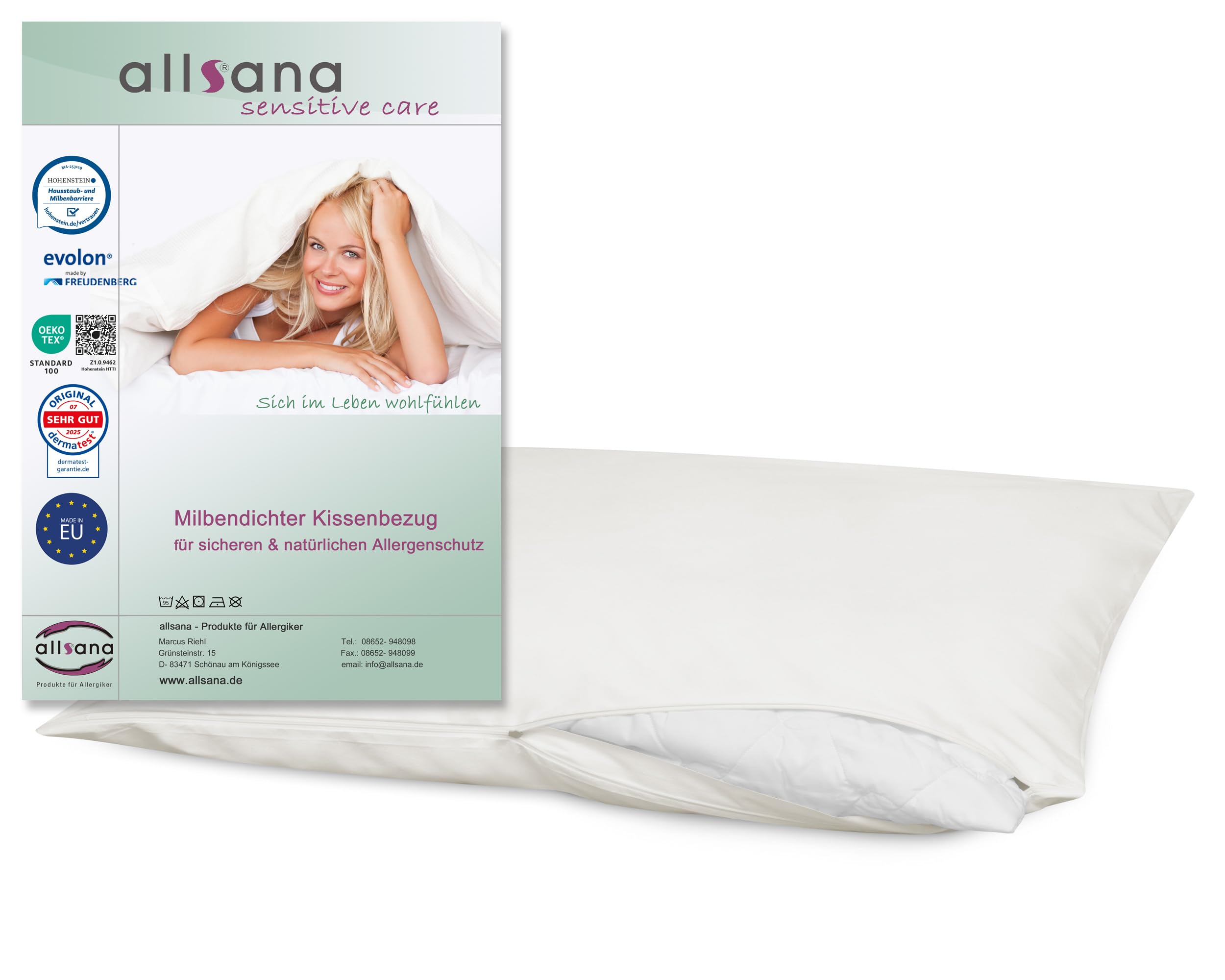 Allsana anti-allergenic 40 x 80 cm pillowcase, anti-allergenic bed linen, anti-dust mite cover protection against house dust allergies