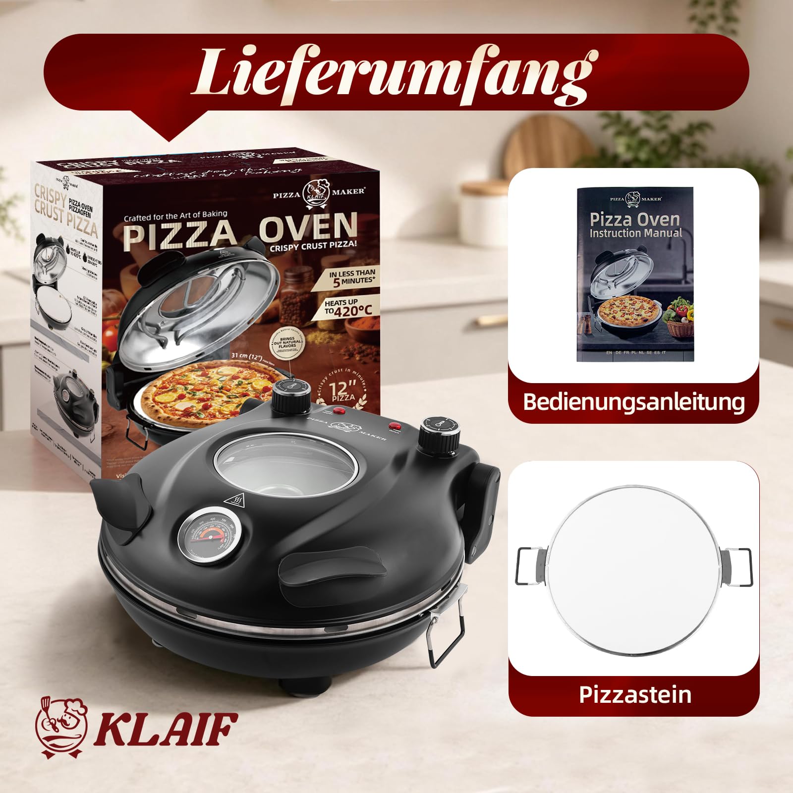KLAIF Elektrischer Pizzaofen 420 °C, separat regelbare Ober- und Unterhitze, 31 cm Keramik-Pizzastein, 1200 W, Kompakter Pizzaofen für Zuhause, LM-Schwarz 5