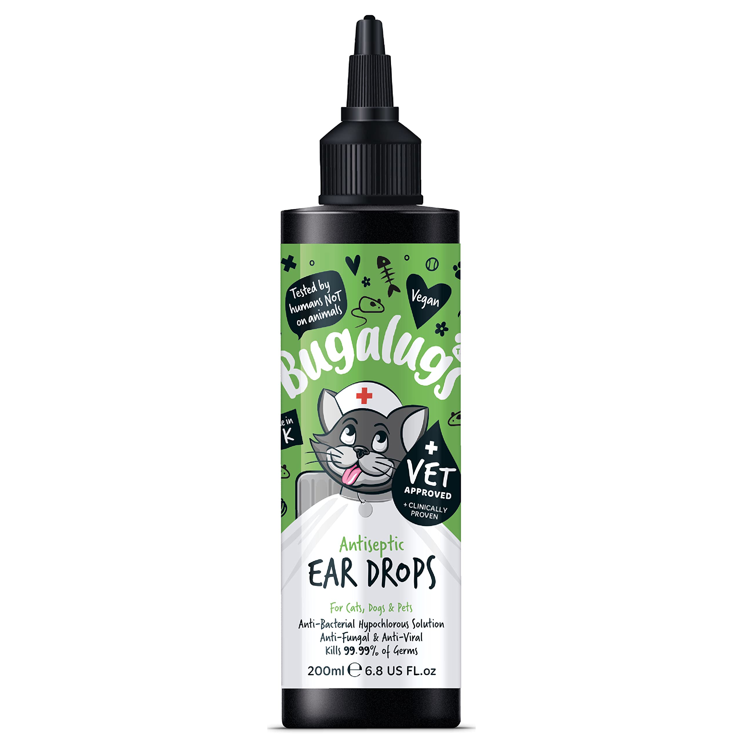 BUGALUGS Antiseptic Ear Drops 200ml – Ear Disinfection, Kills bacteria, Stops Odours, Scratching & Discomfort, Anti-fungal (Yeast), Veterinary-grade, for Dogs, Cats & all other animals