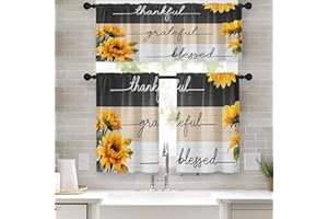 Nesphy Sunflower Kitchen Curtains Vintage Window Curtains Valance and Tier Set 36 Inch, Wooden Boards Rod Pocket Short Tier Curtain for Bedroom Living Room, Grateful Small Cafe Kitchen Decor