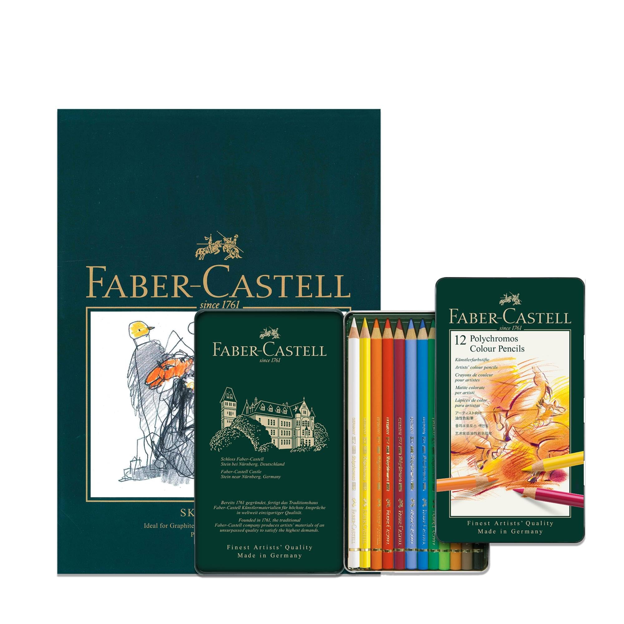 Faber-Castell A4 Sketch Pad & Tin Of 12 Polychromos Artists Colouring Pencils - Art Set For Adult Colouring Books, Craft Supplies, Drawing, Sketching, Lightfast Pencils, Schools, Home, College…