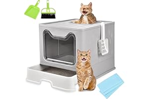 Homagico Foldable Cat Litter Box, Extra Large Front Entry Top Exit Box with Lid, Drawer Type Enclosed Kitty Scoop, Anti-Splashing Toilet Easy Cleaning (Grey)