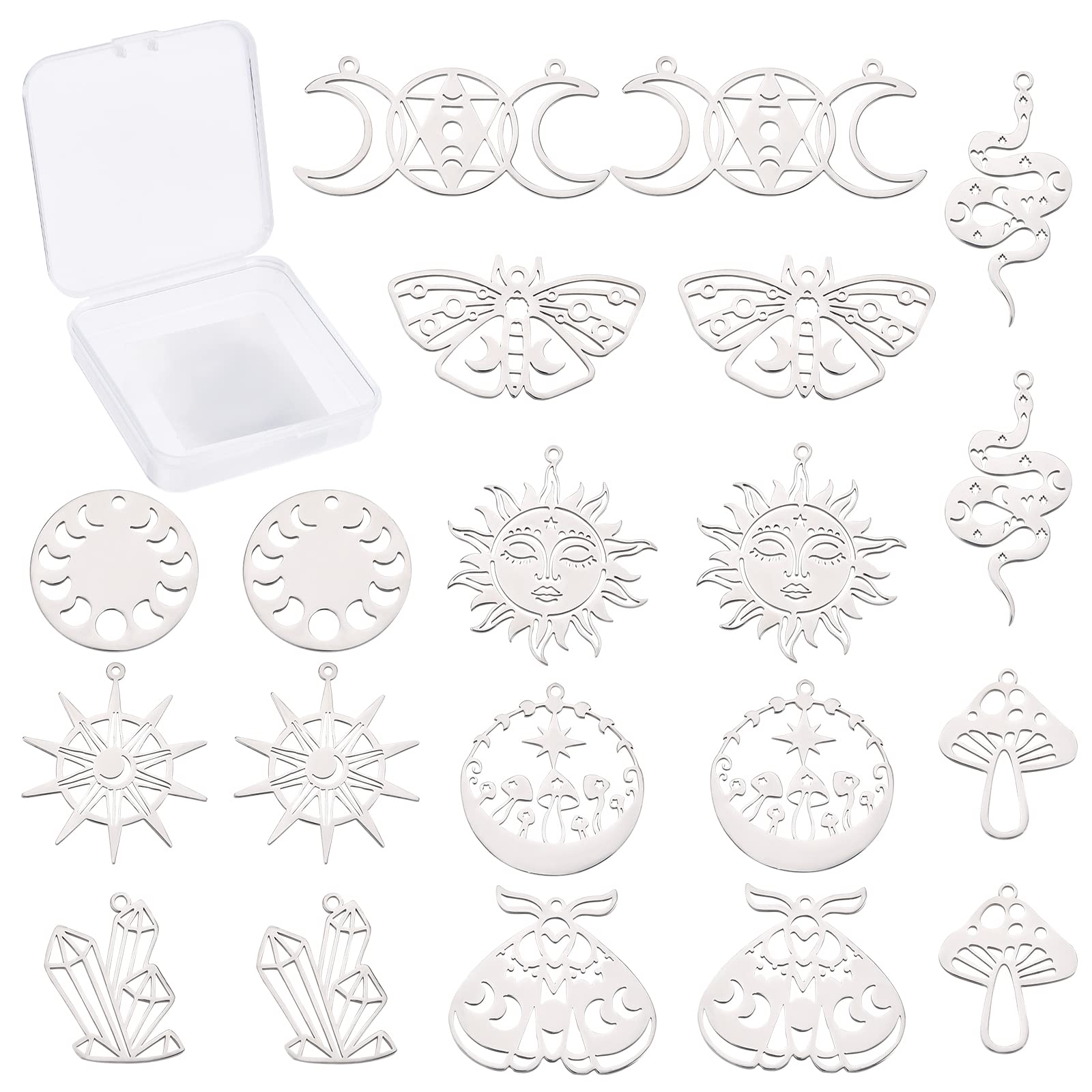 SUNNYCLUE 1 Box 20Pcs 10 Styles Tarot style Mushroom Snake Sun Moth Beetle Prism Charms Pendants Stainless Steel Stamping Blank Tag Pendants Charms for DIY Earrings Necklace Bracelet — image 1