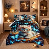 HOSIMA Cute Cat Butterfly Dreamy Twin Comforter Set with 2 Pillowcases. | Kawaii Cat Surrounded by Blue Butterflies Print Animal Bedding,Fluffy Cute Bedding for Princess Girls Room Decor