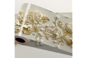 IOHEFY Gold Floral Wallpaper Border 196x4 Inch Removable Wall Border Peel and Stick 3D Embossed Rose Flower Design for Bedroom Bathroom Living Room Kitchen Wall Trim Decor Elegant Luxury Style
