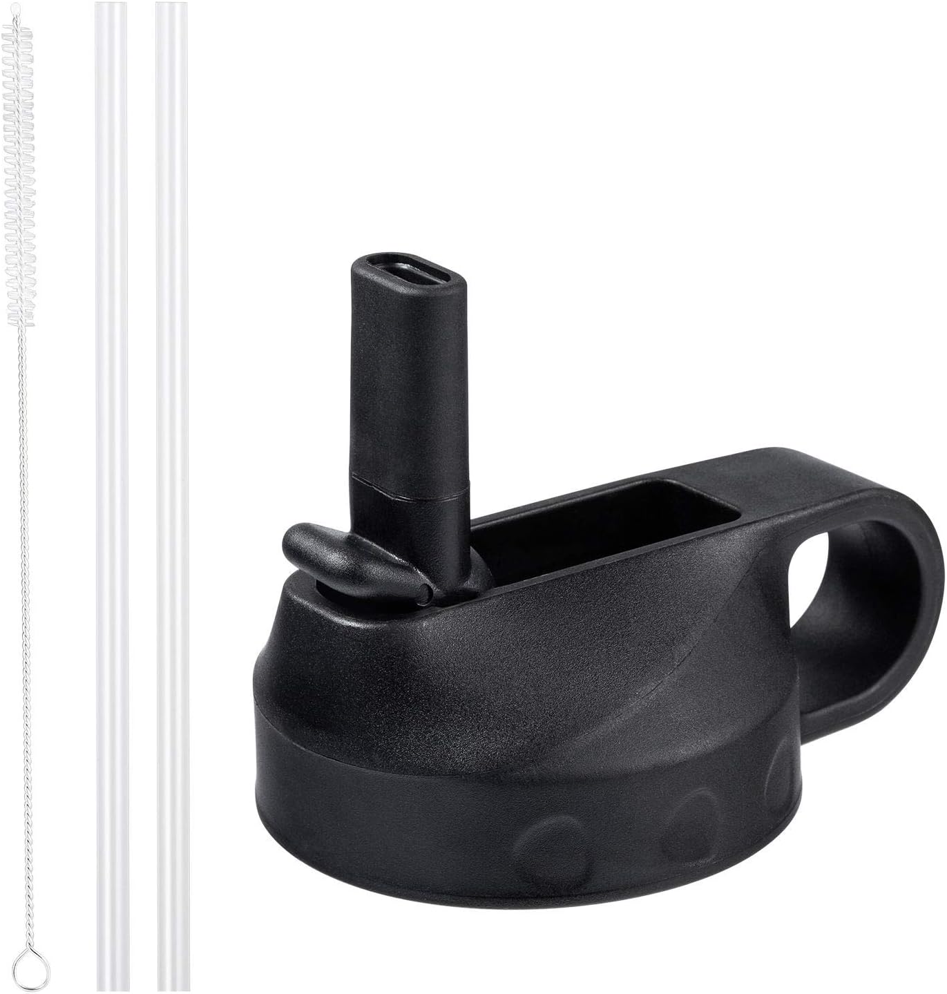 AKSL Straw Lid Compatible Wide Mouth Water Bottle Replacement Lid with Straws and Brush Wide and Fixed Handle Flip Lids Fit 12 to 64oz Sports Water Bottle Flask Black