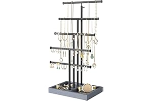 Love-KANKEI Jewelry Organizer Stand, 5 Tier Large Necklace Holder with Wood Base, Jewelry holder stand Tree for Display, Bracelets Earrings Rings, Height Adjustable Gift Weathered Grey
