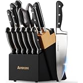 Knife Set,Astercook Kitchen Knife Set with Block 14-Piece Full Tang Stainless Steel Knives with Sharpener Dishwasher Safe and Anti-Slip Ergonomic Handle Elegant Black Utensils Set