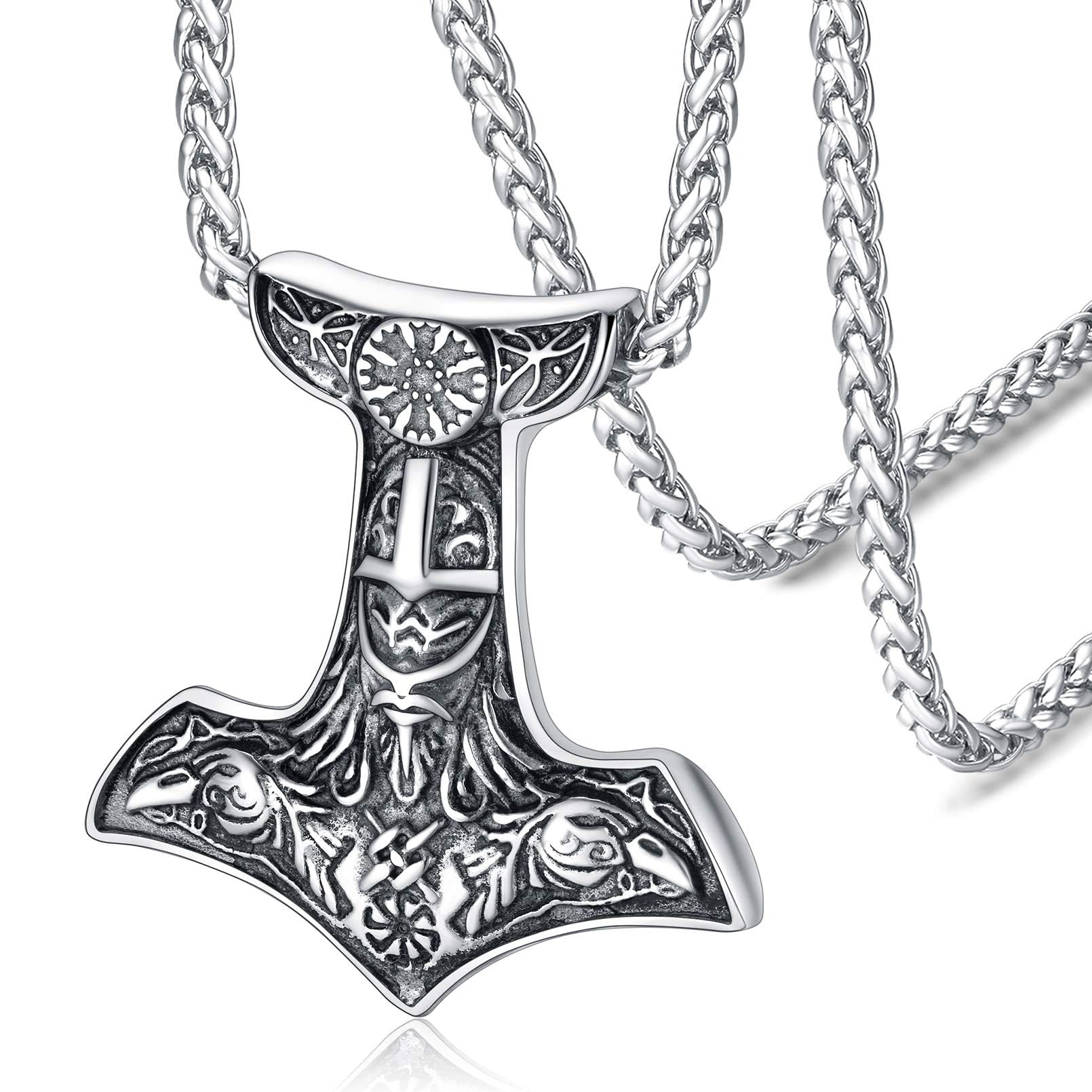 FaithHeart Nordic Jewelry for Man Antique Norse Hammer Pendant Necklace Stainless Steel Viking Mjolnir Jewellery Protective Gifts for Fathers Day