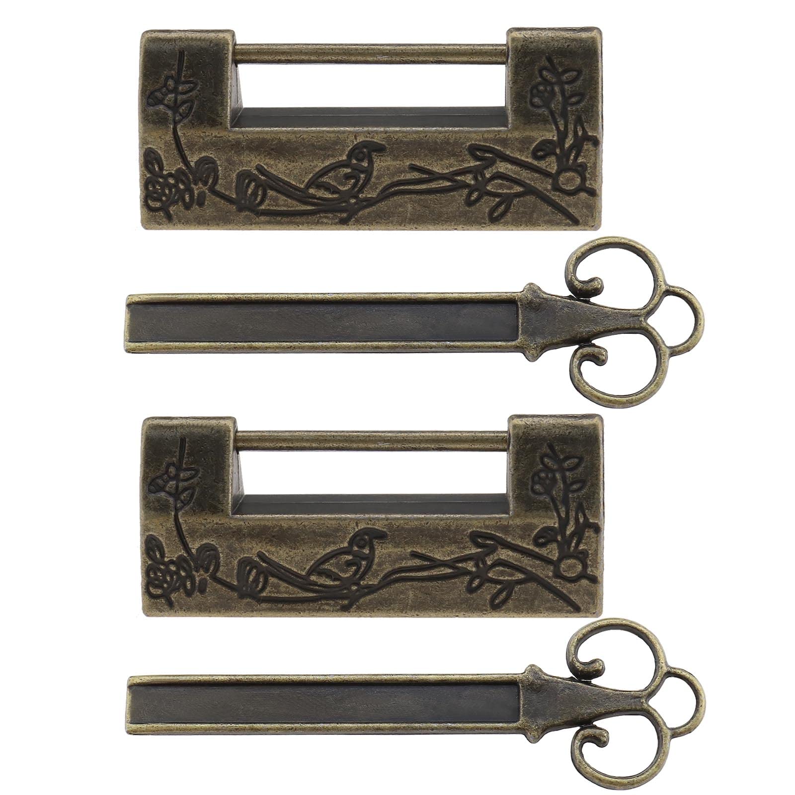 ECSiNG 2PCS Antique Padlocks with Keys Chinese Style Flower Bird Carved Latch Decorative Lock for Jewelry Boxes Mini Cabinets Drawers Gift Boxes Bronze