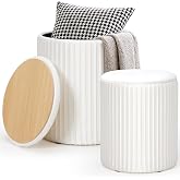 DUMOS Round Ottomans with Storage, Vanity Stool, Foot Stool, Set of 2 | 14.57"D x 18.11"H and 12.60"D x 14.96"H, Velvet Ottoman for Living Room, Bedroom, Dorm, Beige