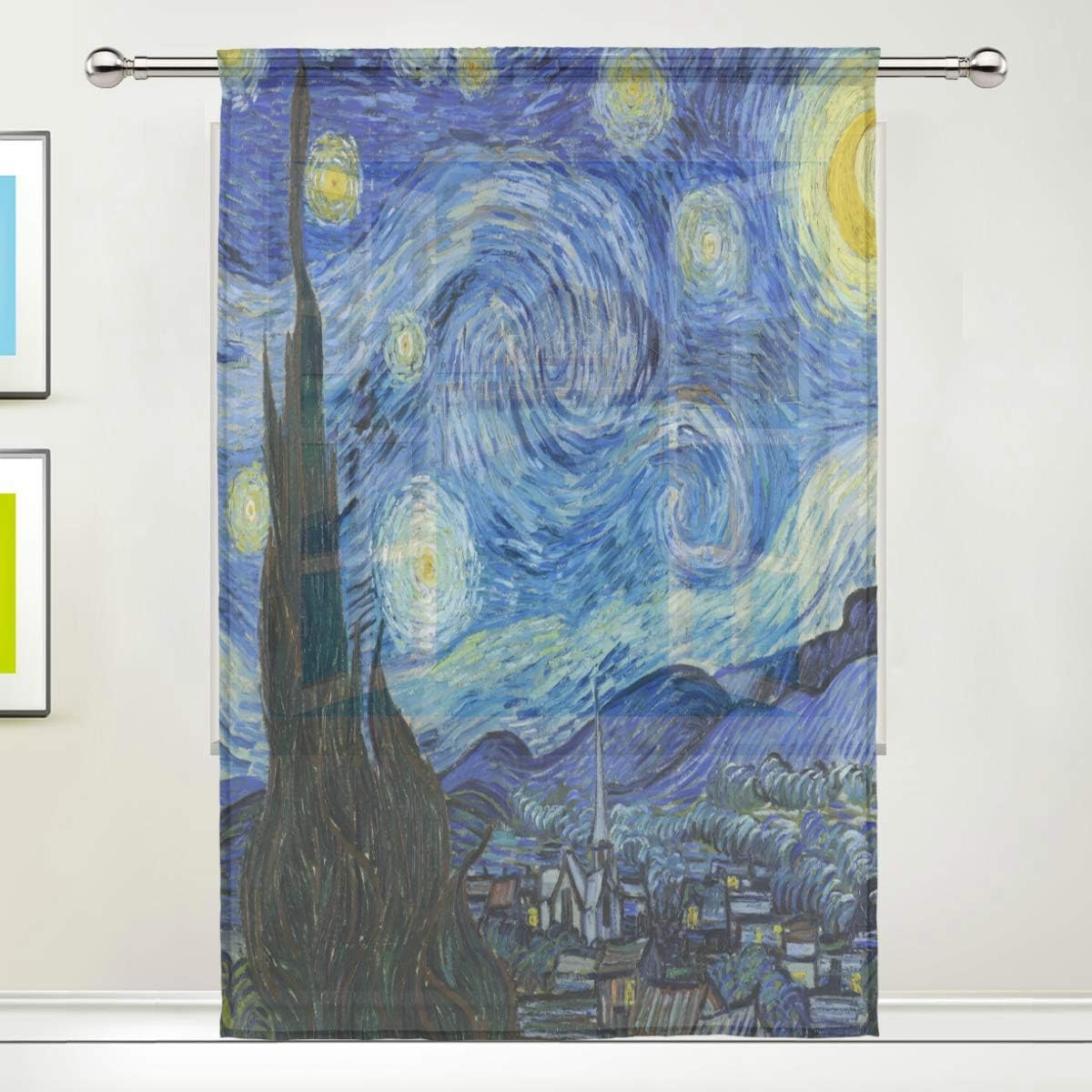 AUUXVA Window Sheer Curtain Van Gogh Starry Night Art Panels Drape Kitchen Living Room Decor Bedroom Office Voile Curtain 1 Piece