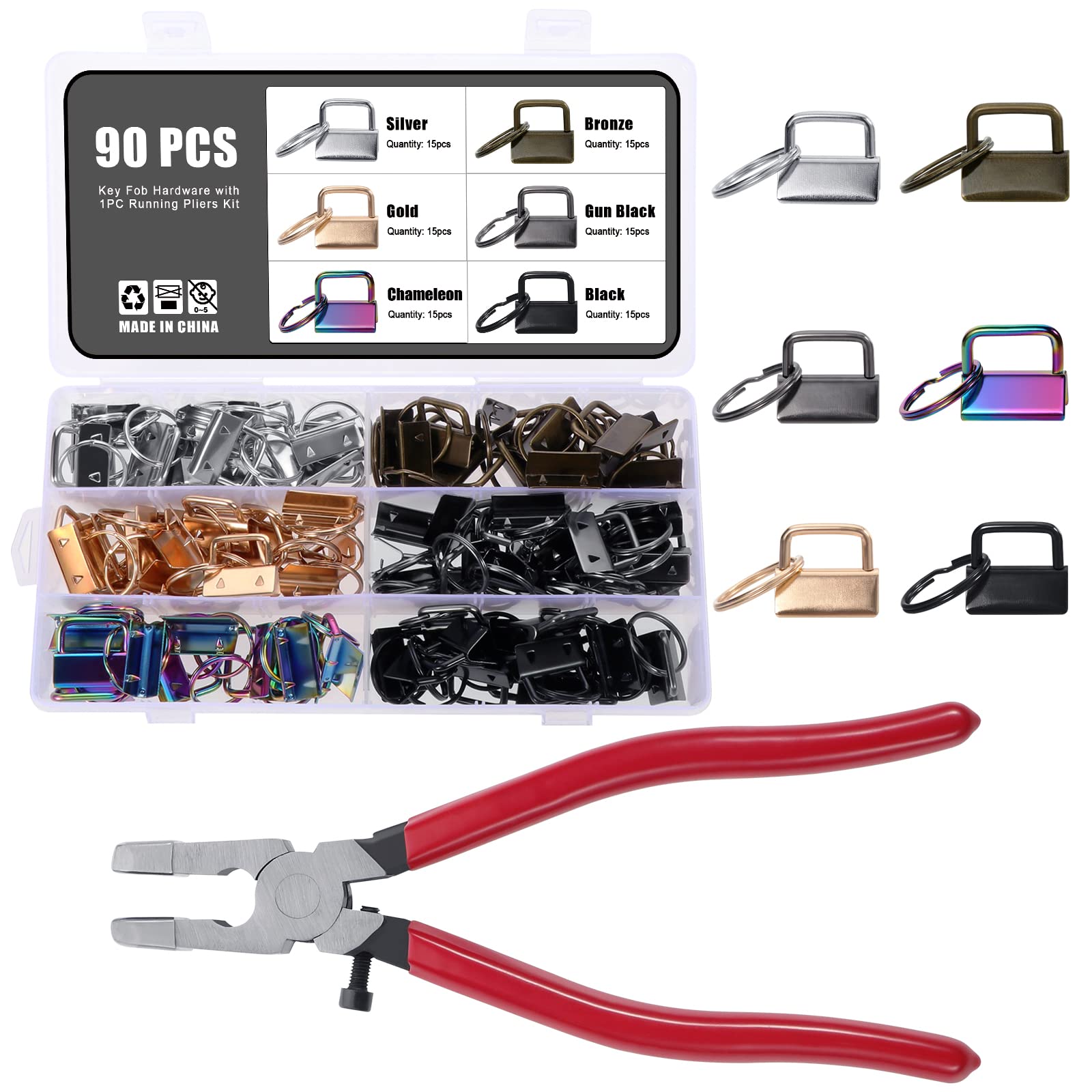 Knpwer 90 Pcs Key Fob Hardware 1 Inch,6 Colors Key Fob Pliers,Lanyard Keychain Hardware for DIY Keychain Wristlet Lanyards Belts
