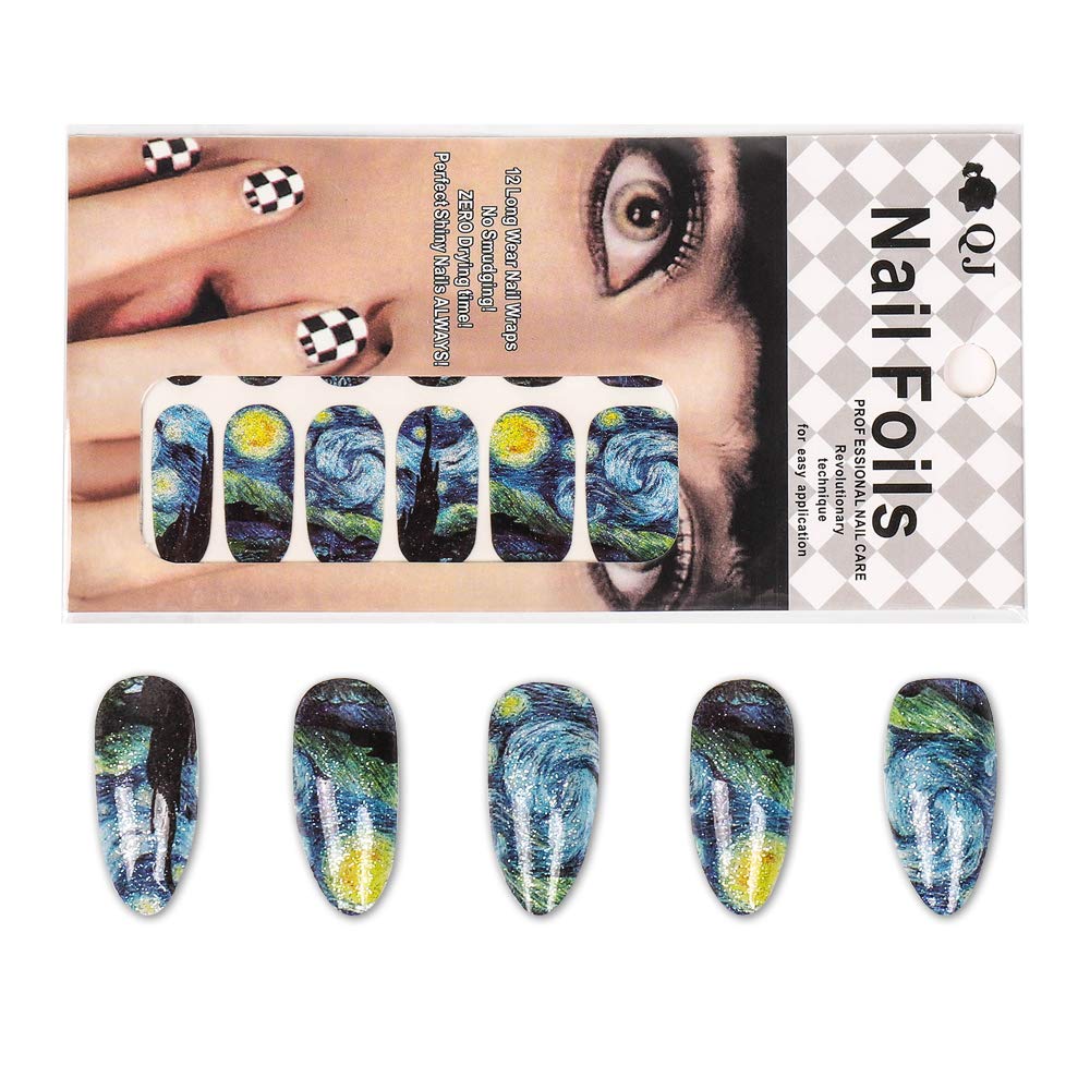 3D Van Gogh's Starry Night Fullnail Stickers, Full Nail Starry Sky Art Gel Nail Polish Sticker Decals, Shimmery Glittery, Long Lasting, Easy to Apply & Remove - 2 Sheets(28 Nail Wraps) and 1 File - Image 8