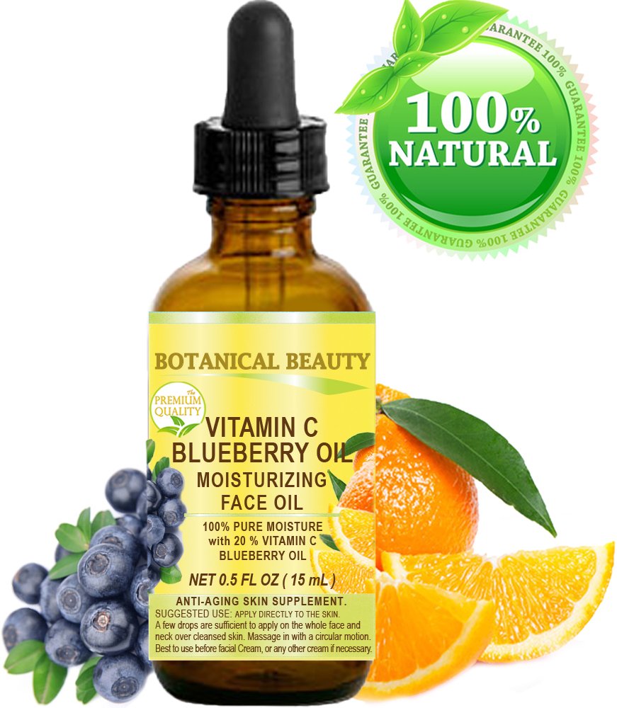 VITAMIN C BLUEBERRY Oil. Moisturizing Face Oil. Anti-aging, regenerating and nourishing. 20% Vitamin C and 100% Pure Blueberry Seed Oil. 0.5 Fl. Oz - 15 ml. by Botanical Beauty.