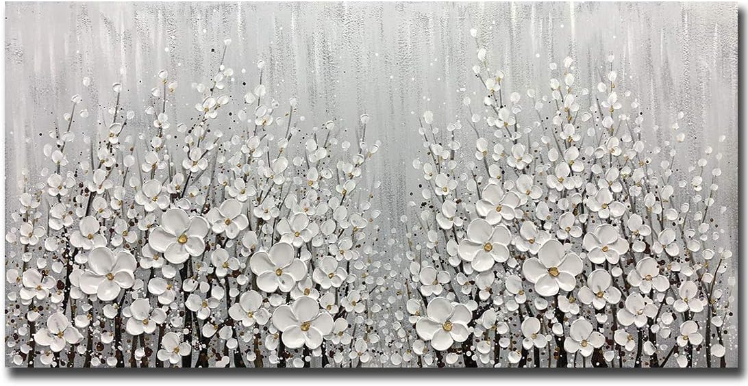 Paintings - V-inspire Art, 24x48 Inch Hand Painted 3D White Flowers Wall Art Abstract Canvas Oil Paintings Wall Decorations for Living room Dining room Bedroom Artwork for Home Walls