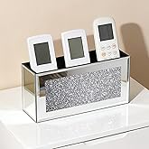 Poayewly Mirrored Remote Control Holder - Remote Holder Wall Mount with Sparkling Crush Diamond for Living Room & Bedroom, Phone TV Remote Organizer Storage Décor, Silver