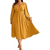 RWJ Women's Plus Size Fall Wedding Guest Dress Wrap V Neck Swiss Dot Lantern Long Sleeve Swing Boho Casual Dresses